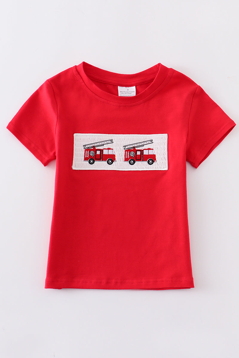 Red fire engine smocked boy top