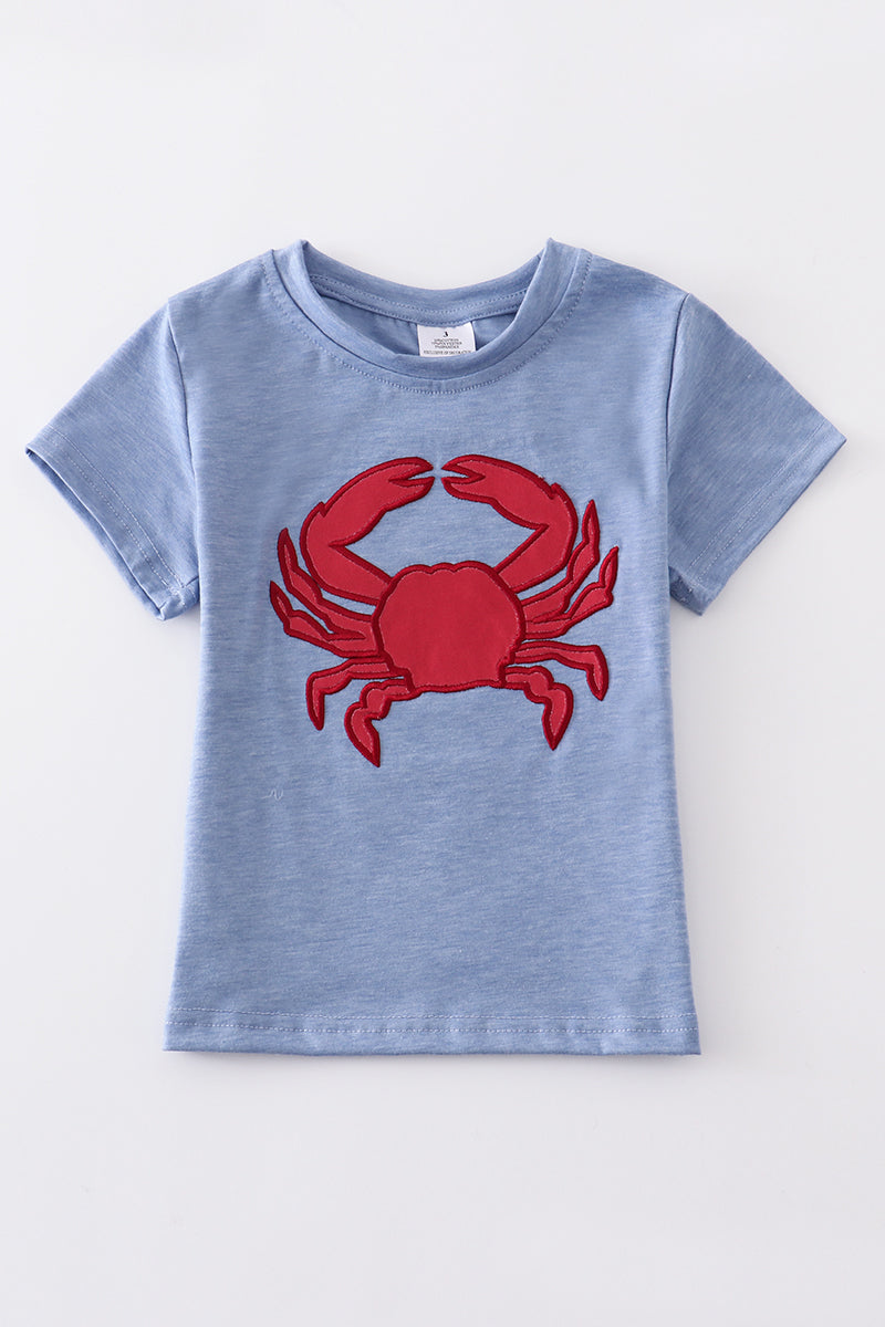Blue plaid crab applique top